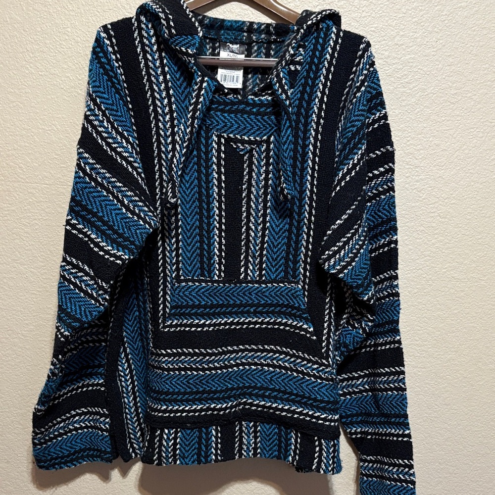 Vintage 90s Mexican Woven Baja Rug Hoodie Black and Blue Patterned XL/ TL